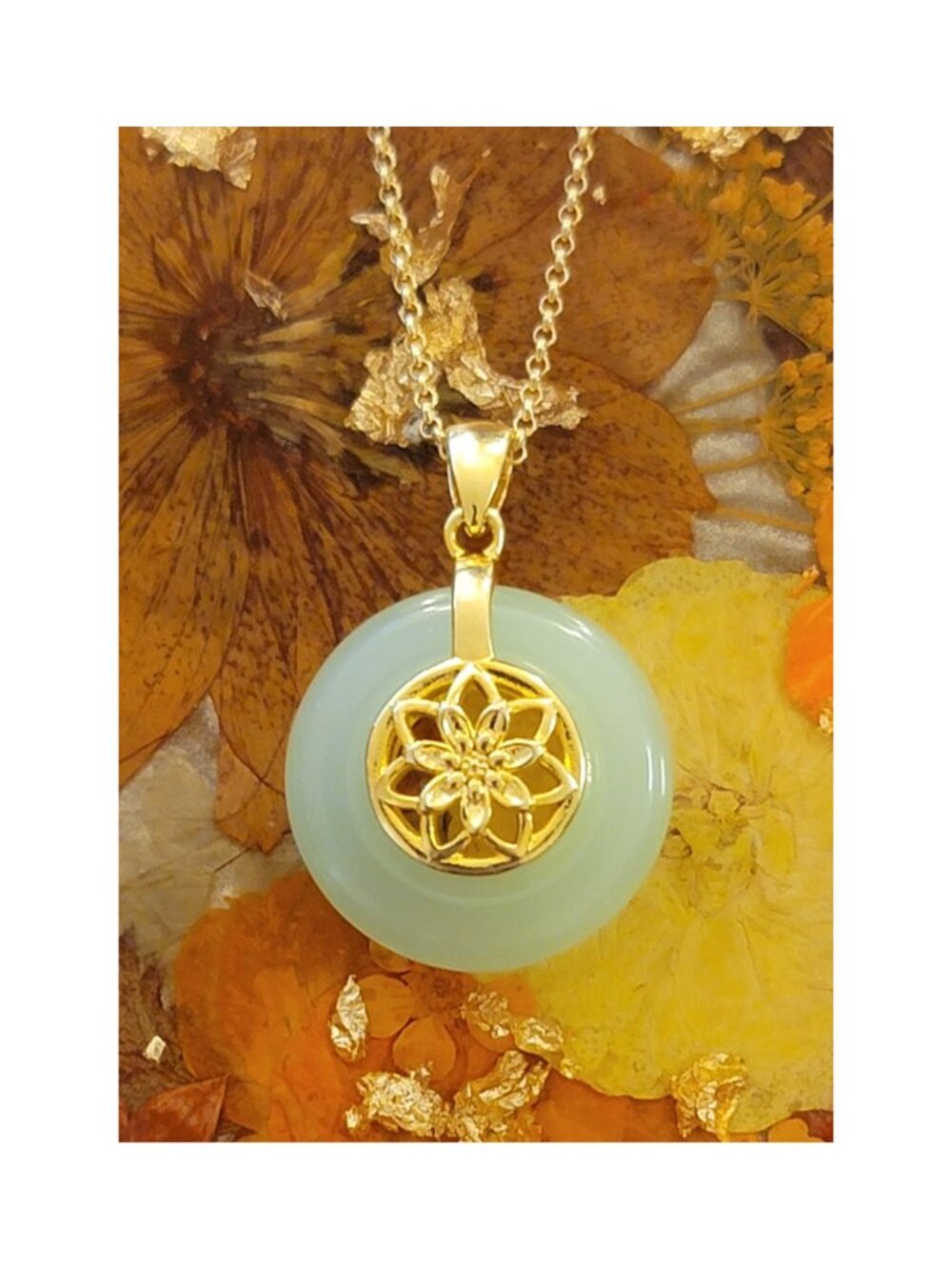 Lotus Flower Green Crystal Pendant Necklace 20in 18k Gold Plated Chain
